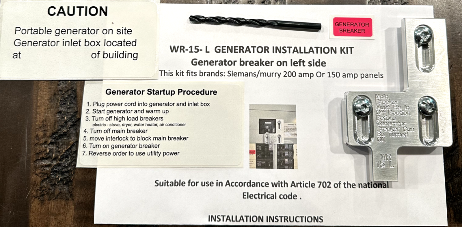 Generator Interlock Kit , Siemens 200 Amp Left generator breaker