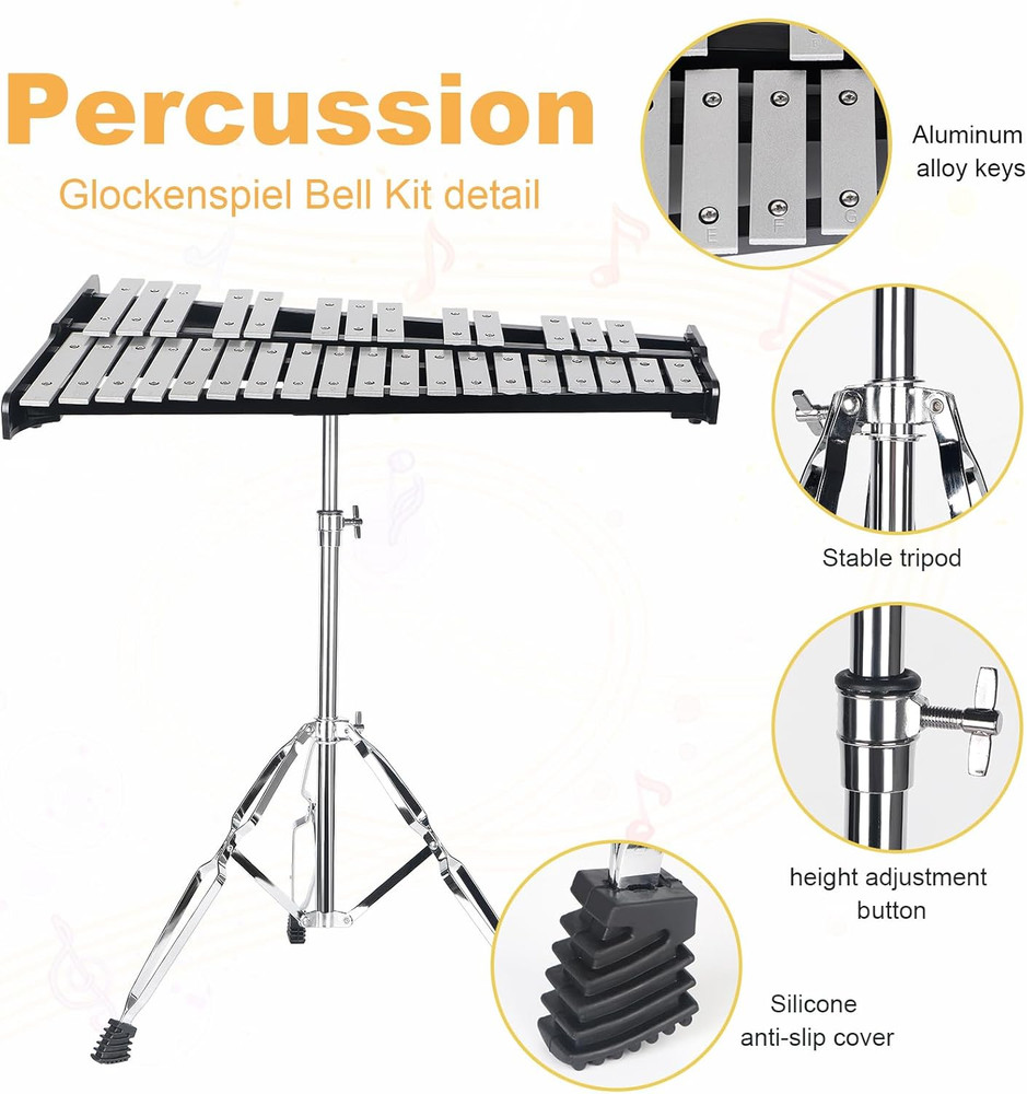 Professional 32 Note Glockenspiel Xylophone Bell Kit for Beginner :Muted Practic