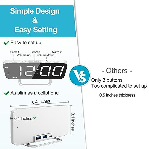 Super Slim LED Digital Alarm Clock Mirror Surface for Makeup with Diming Mode...