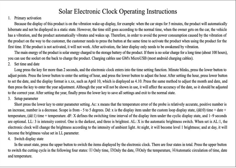 Car Digital Clock Solar/USB Charging LCD Screen Display Dashboard Auto Clock