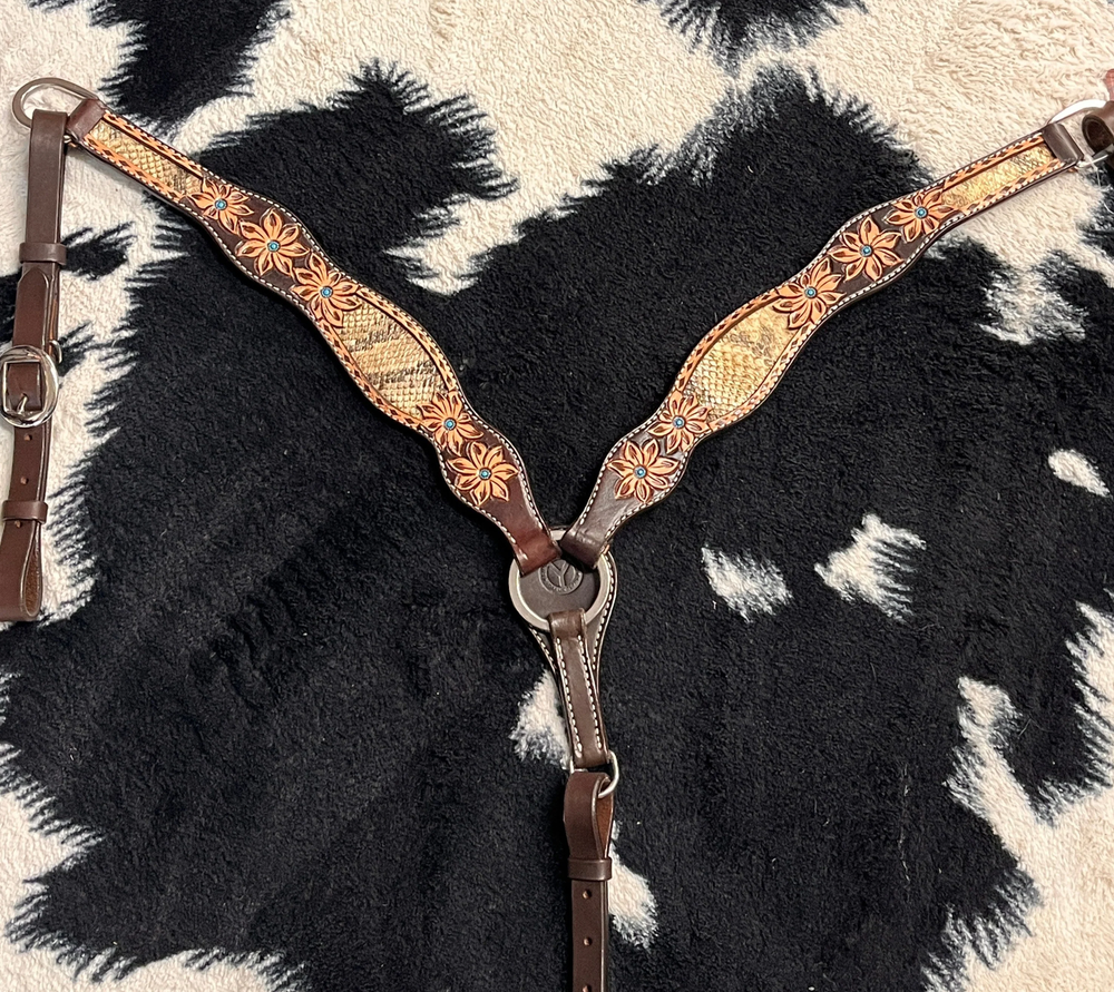 New! Circle Y Dark leather PYTHON PASS BREAST COLLAR w/ Flower tooling detail