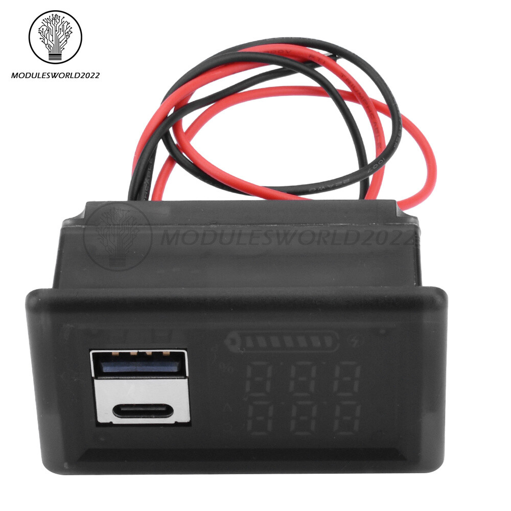 DC9-24V Battery Capacity Indicator USB Type-C LED Dual Digital Car Voltmeter