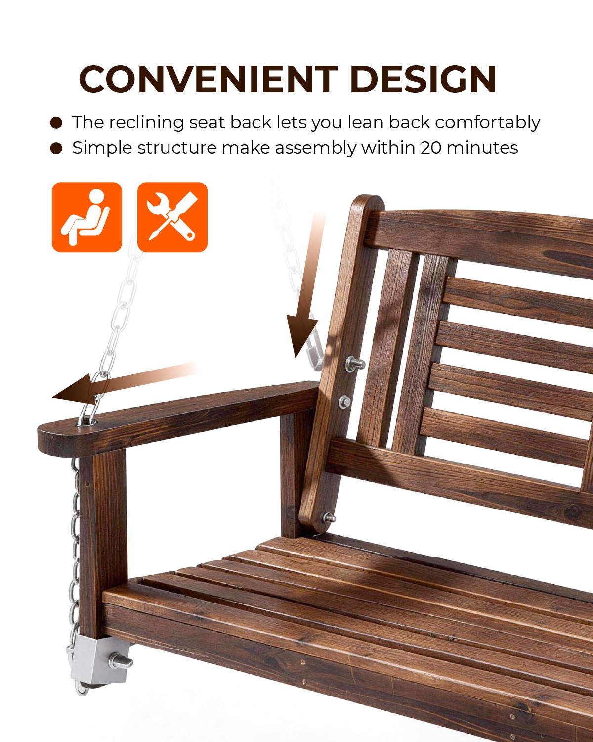 Wooden Porch Swing Chair 4FT with Hanging Chains Heavy Duty for Outdoor Patio