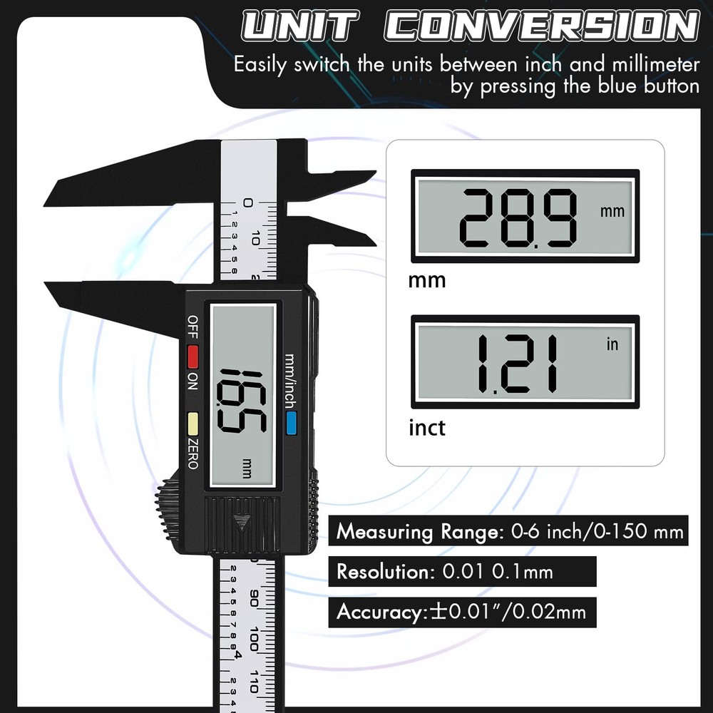 Digital Caliper Measuring Tool w/ Inch Millimeter Conversion Micrometer Ruler