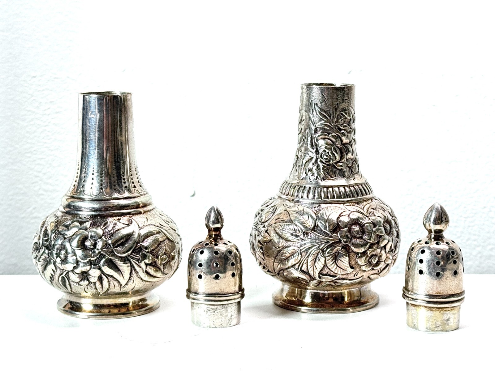 Tiffany & Co Sterling Silver Repousse Floral Salt & Pepper Shakers 5.96 ozt