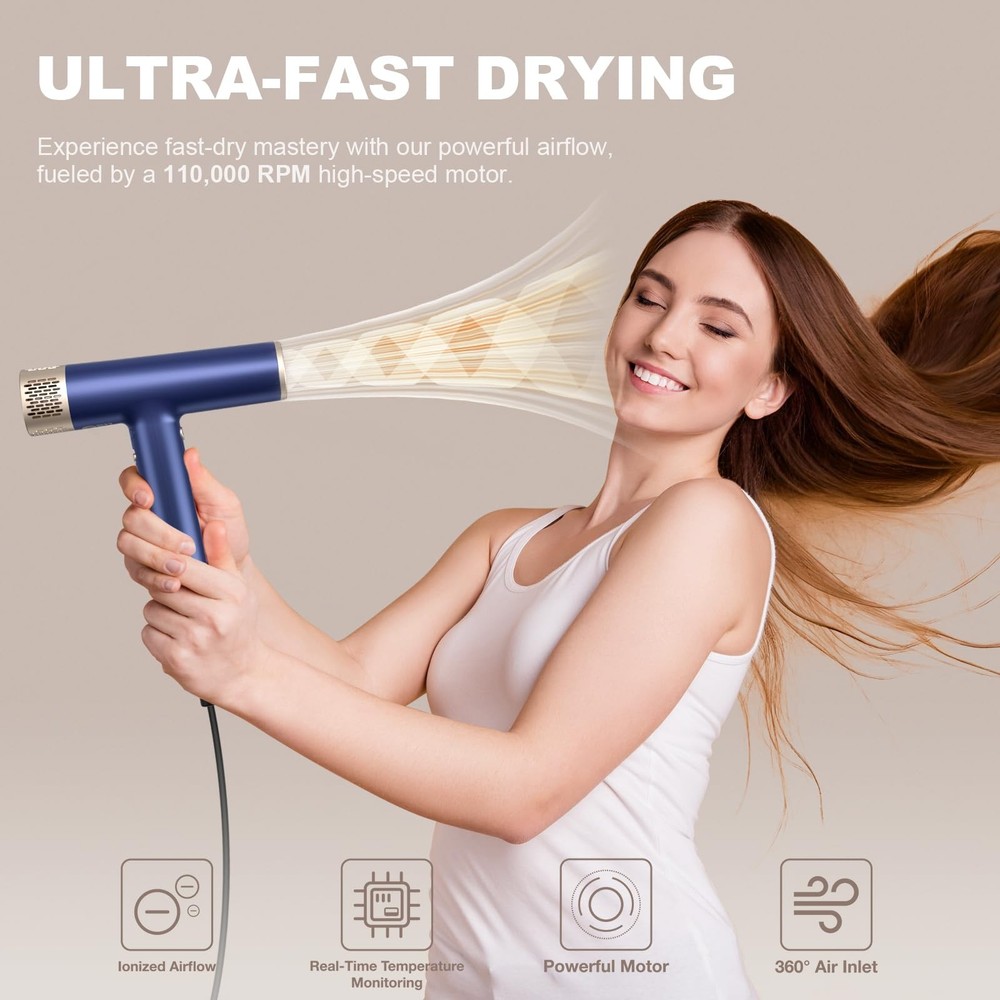 Professional Hair Dryer with Diffuser Fast Drying 200 Million Ionic Blow Drye...