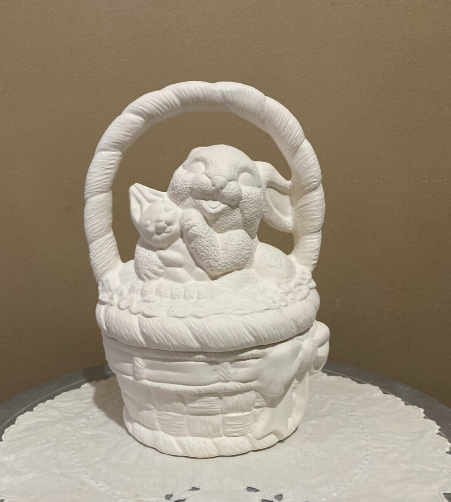 Bunny in a Basket Box Rabbit Easter Spring  Ceramic Bisque Ready to Paint