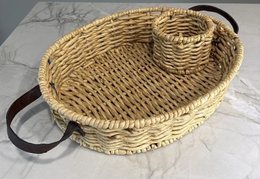 Raffia Oval Serving Basket Tray Chip & Dip Handles 16" x 13” x 4"  Charcuterie