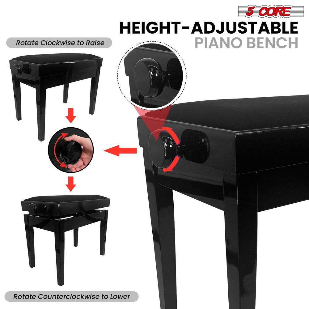 5 Core Adjustable Piano Bench Thick Padded Solid Wood Keyboard Stool Heavy Duty