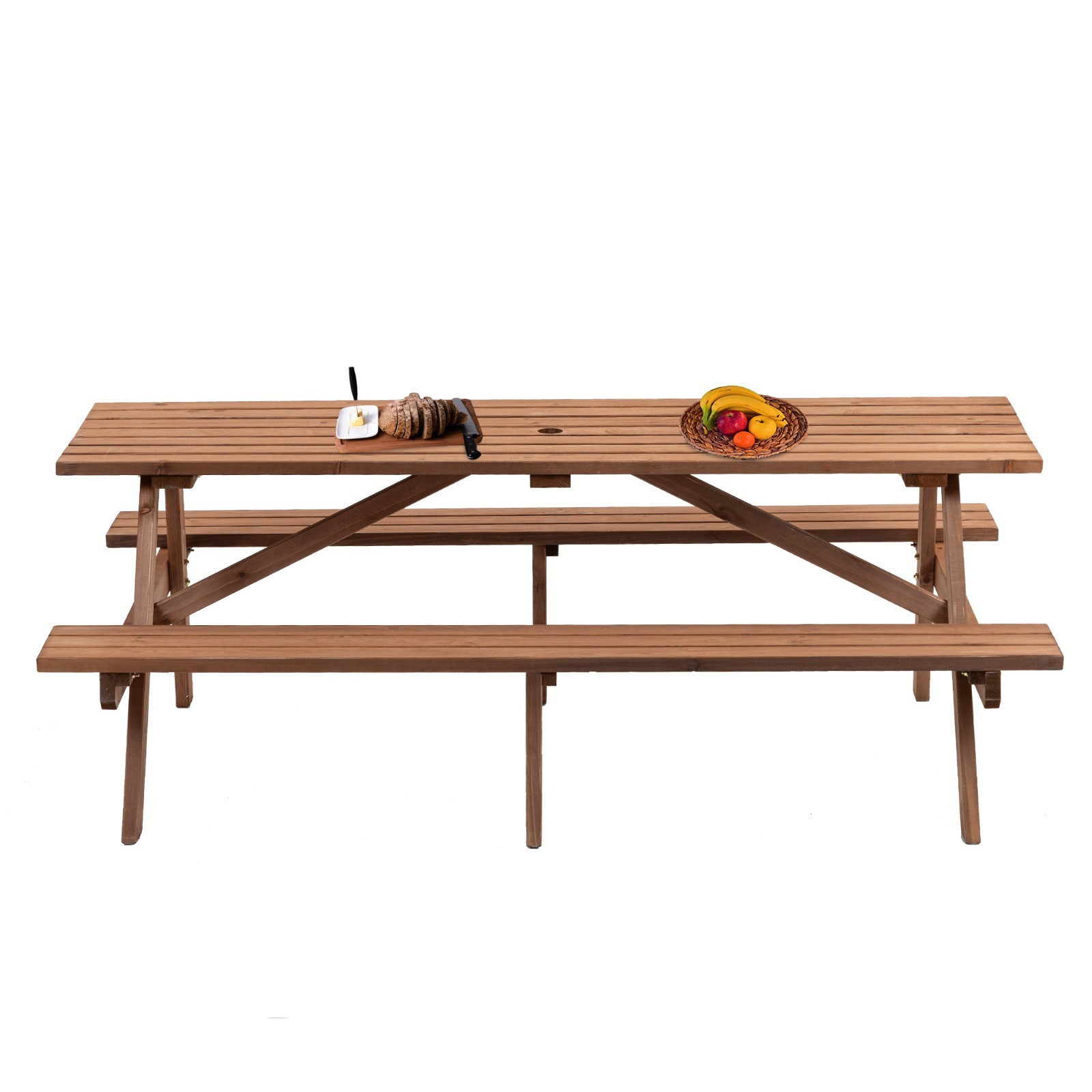 Durable Wooden Picnic Table 8-Seater with Umbrella Hole Weather-Resistant Brown