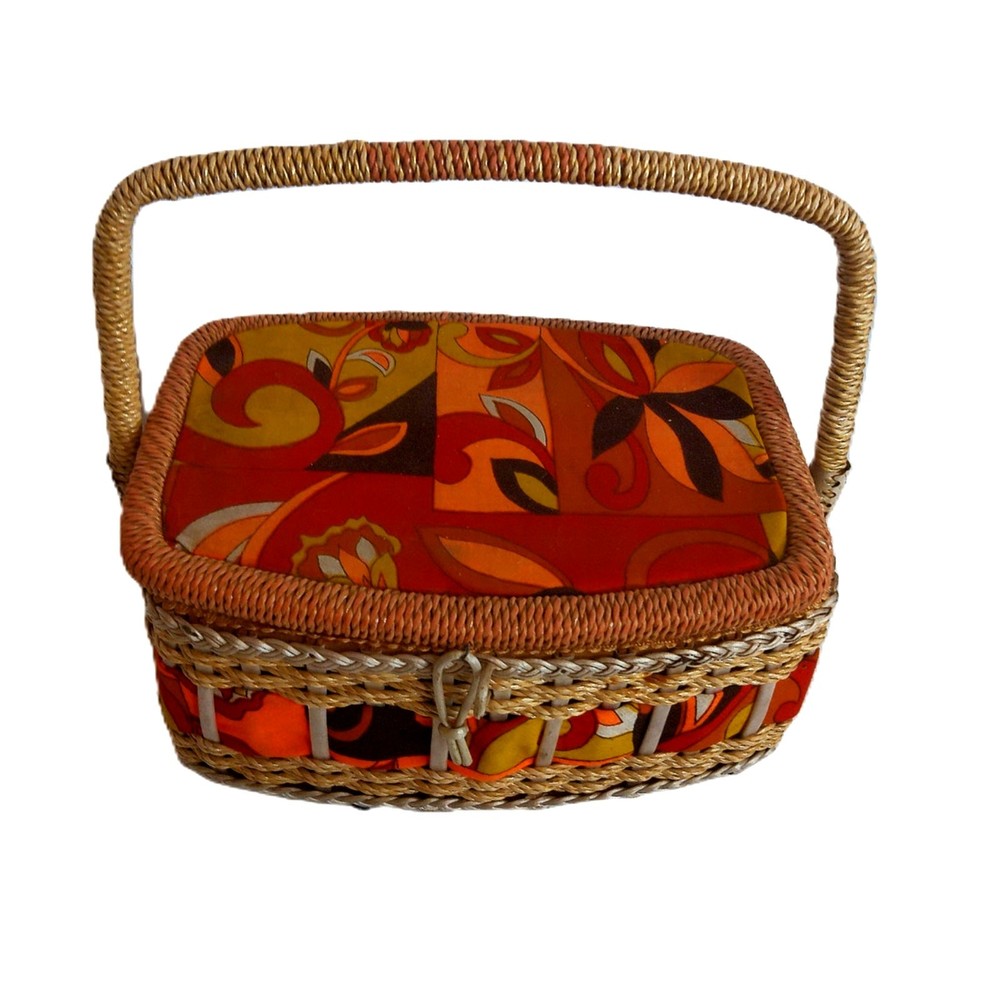 Vintage Sewing Storage Basket Retro Mod Psychedelic Pattern READ