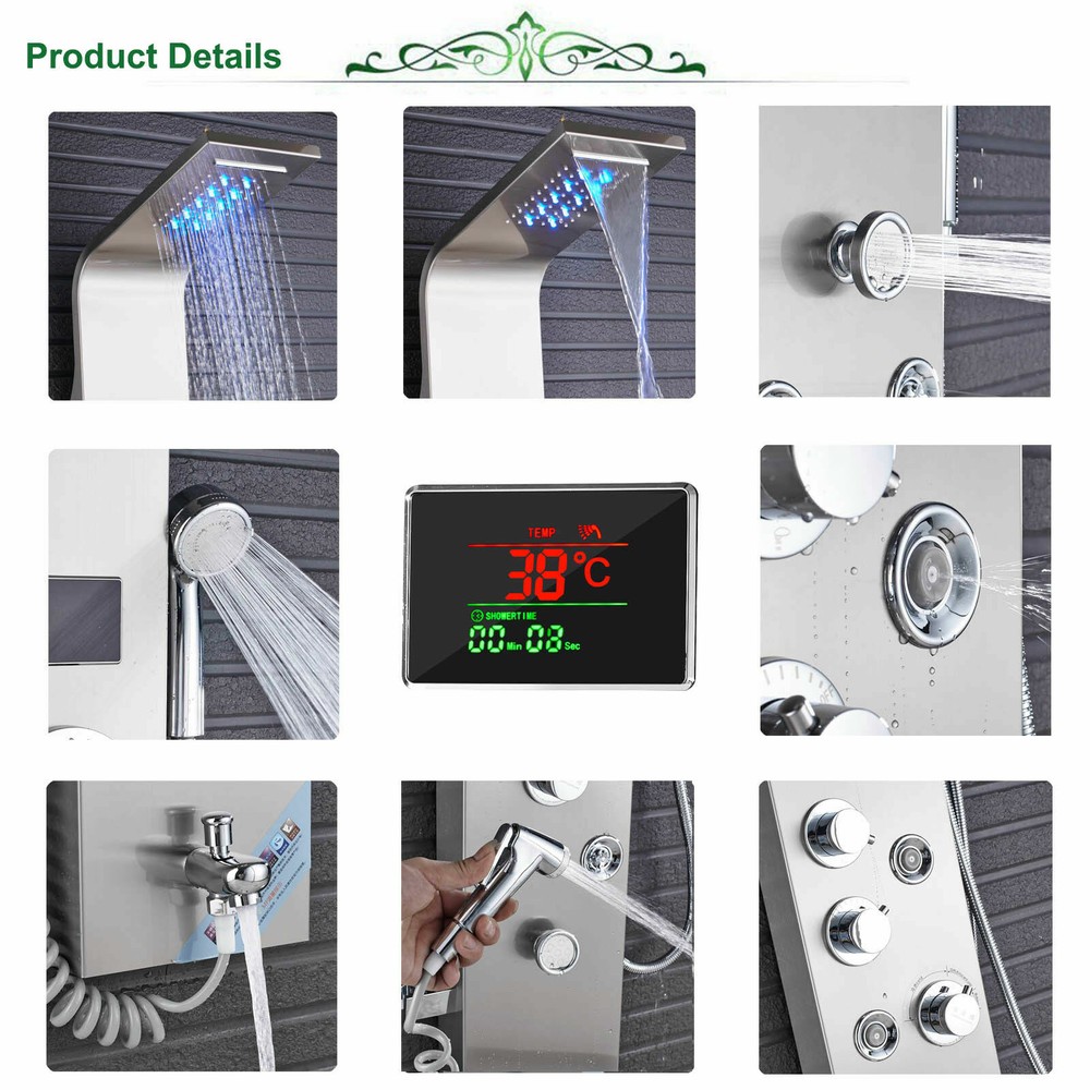 Shower Panel Tower System LED Rainfall&Waterfall Head Massage Stainless Body Jet