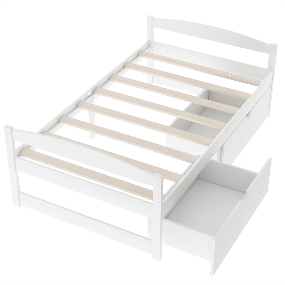 Twin Size Platform Bed Two Drawers White Solid Wood Frame Simple Single-layer