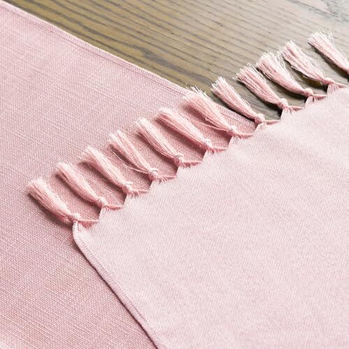 Tassel Table Runner, Linen Blend Rustic 13" x 48", Table Runner Blush Pink
