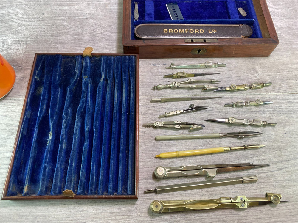 Vintage Engineering Draughtsman Set Technical Drawing Instruments Wooden Case