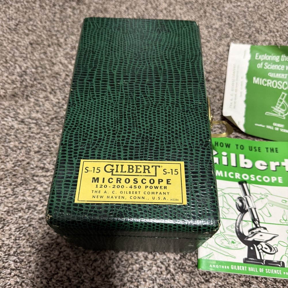 Vintage Gilbert Microscope Set 1950's-Green Case 10"X 5"X 5" (PARTIAL SET)