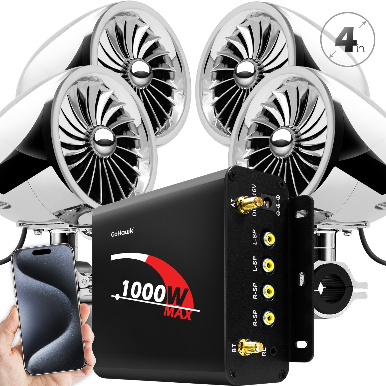 1000W Bluetooth Motorcycle Stereo 4 Speaker Audio MP3 System USB SD Radio Chrome