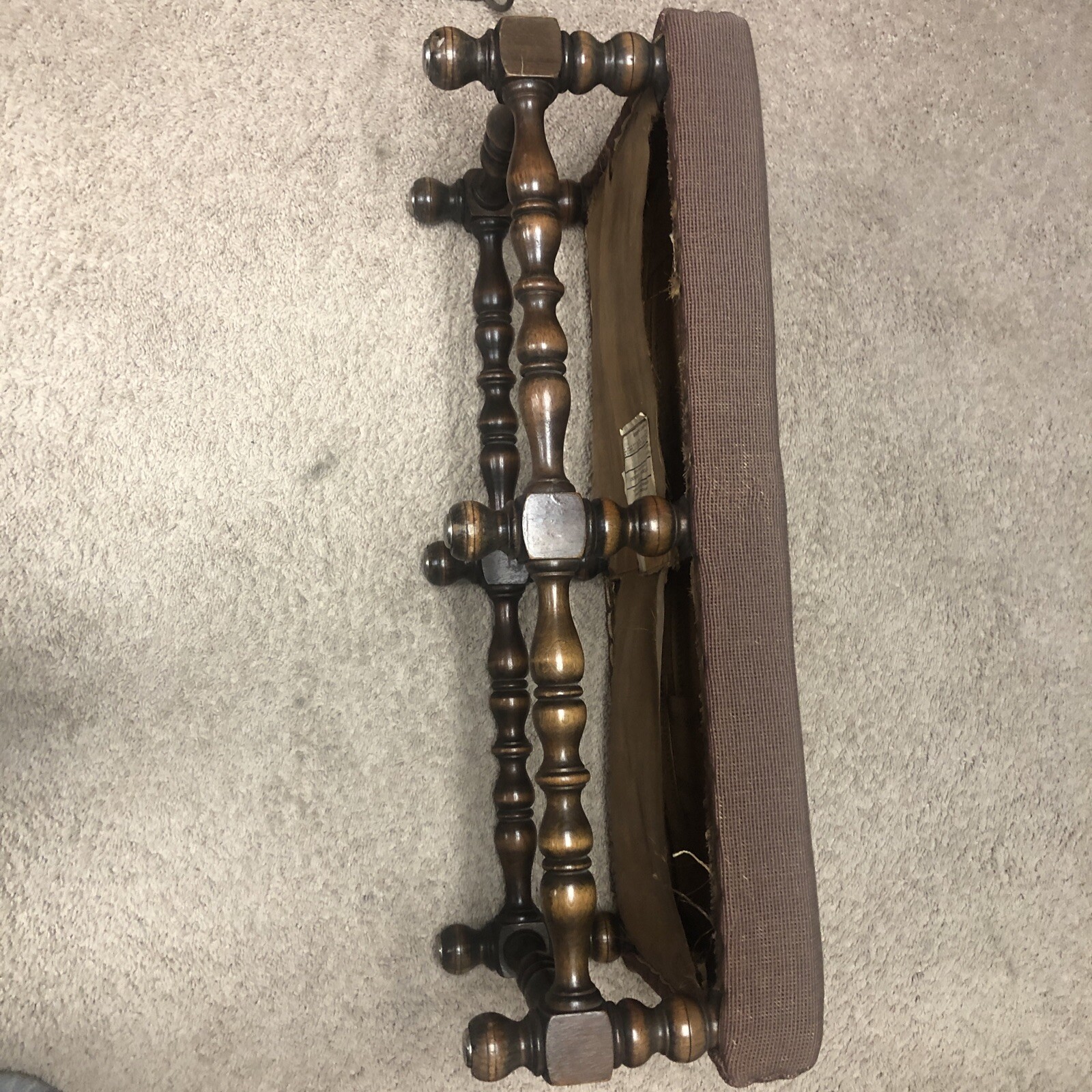 Antique Wood KITTENGER Footstool Ottoman Embroidered Needlepoint Flowers Rare