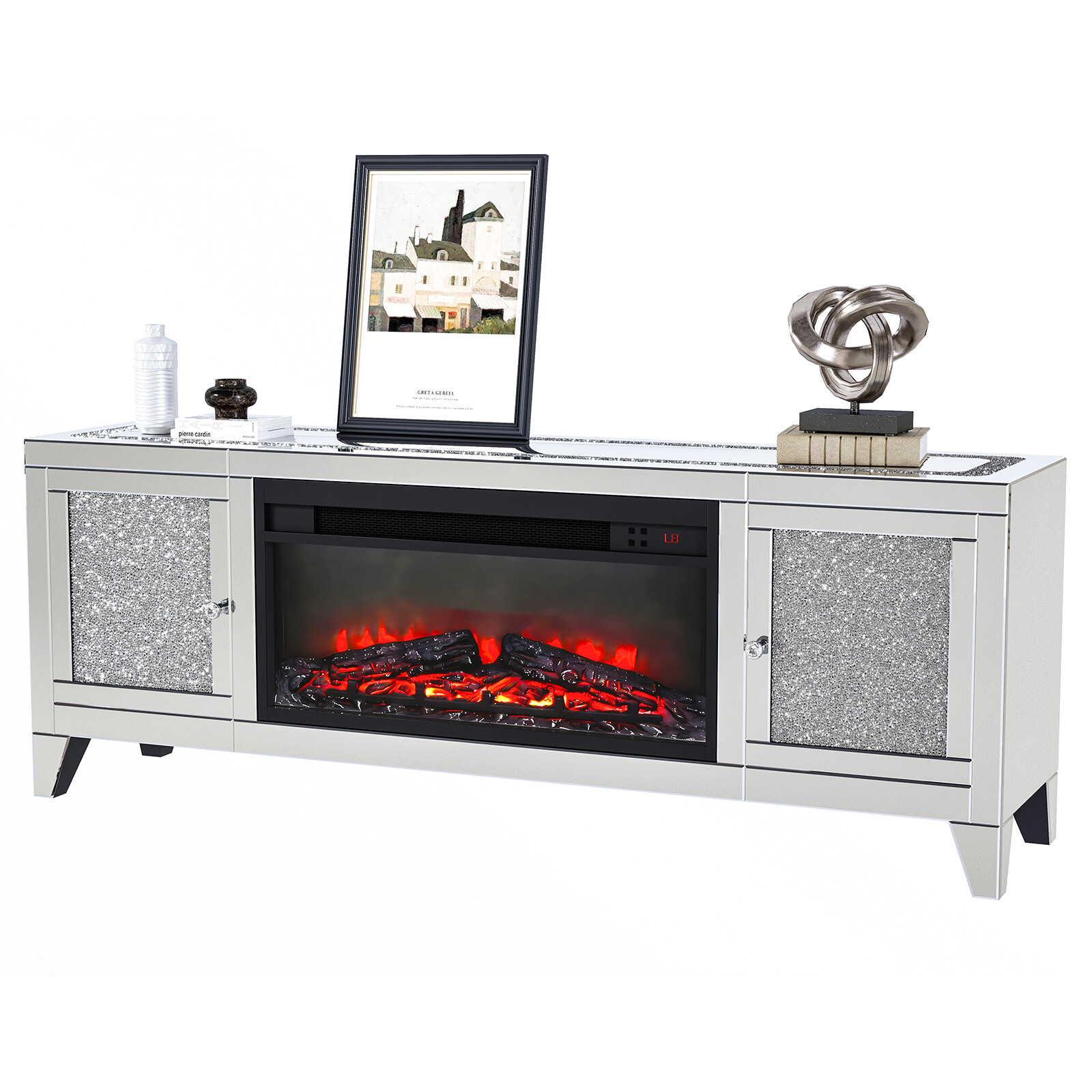 COSVALVE 59"Mirrored Fireplace TV Stand Entertainment Center Crush Diamond 2Door