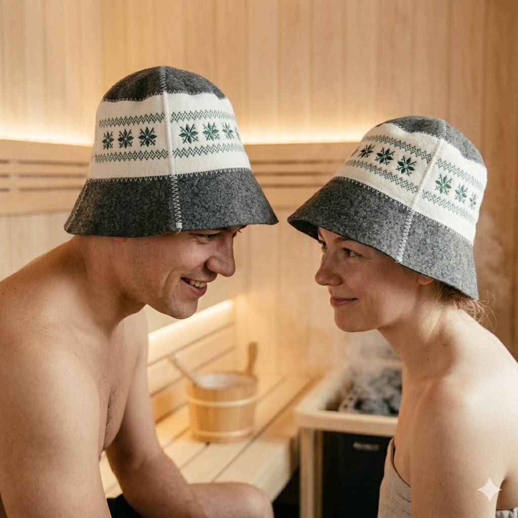 Nordic Style Snowflake Sauna Hat One Size Unisex Grey White Wool Felt Banya Gear