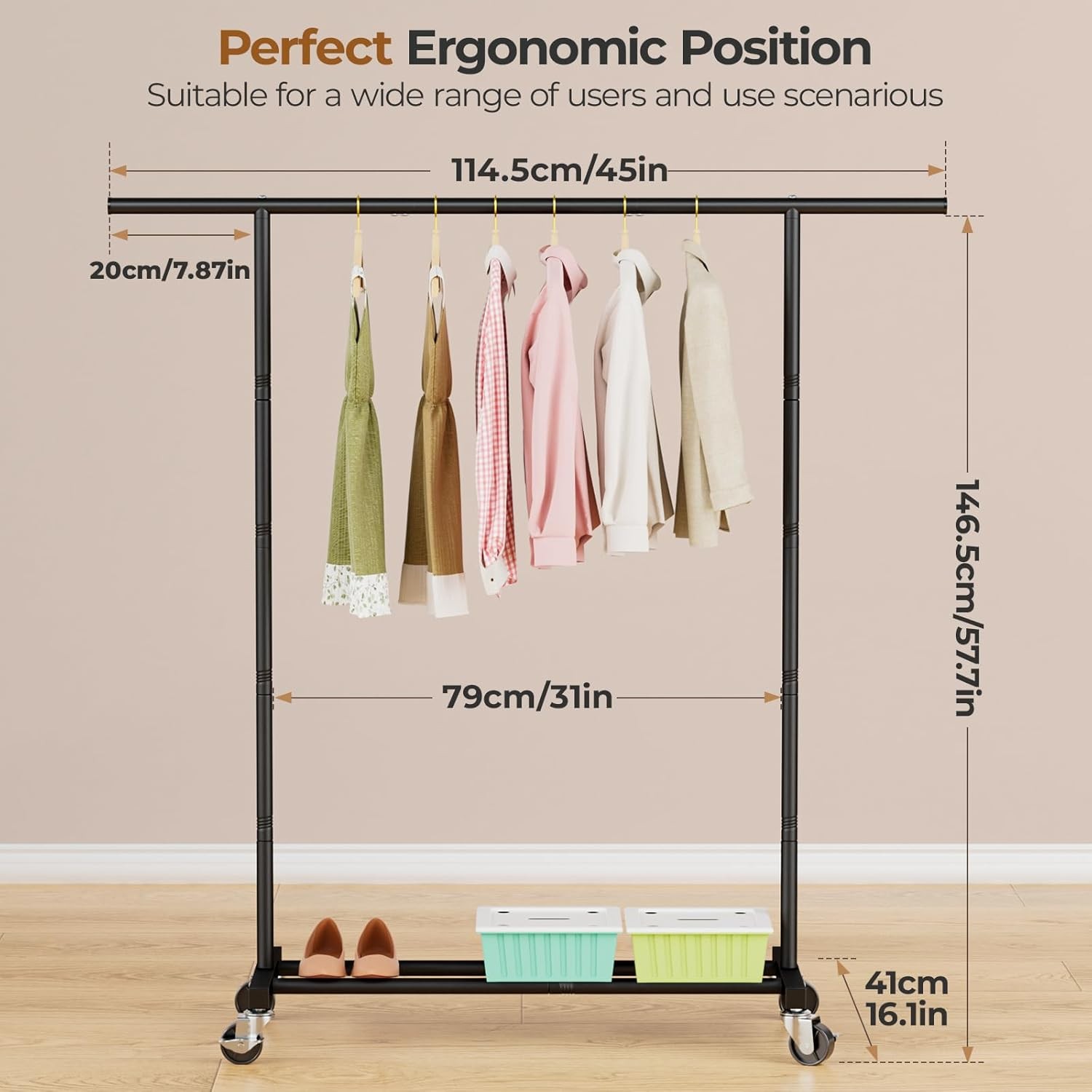 Clothes Rack for Hanging Clothes, Clothing Rack with Wheels, for Laundry, Room-