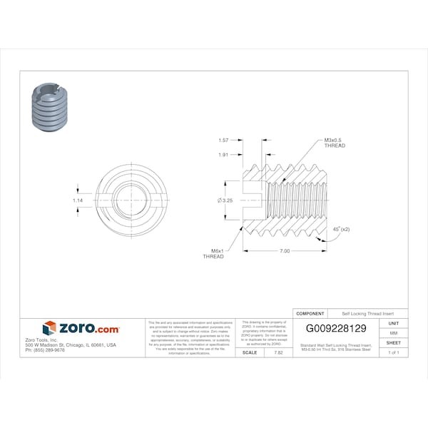 Standard Wall Self Locking Thread Insert, M3-0.50 Int Thrd Sz, 316 Stainless