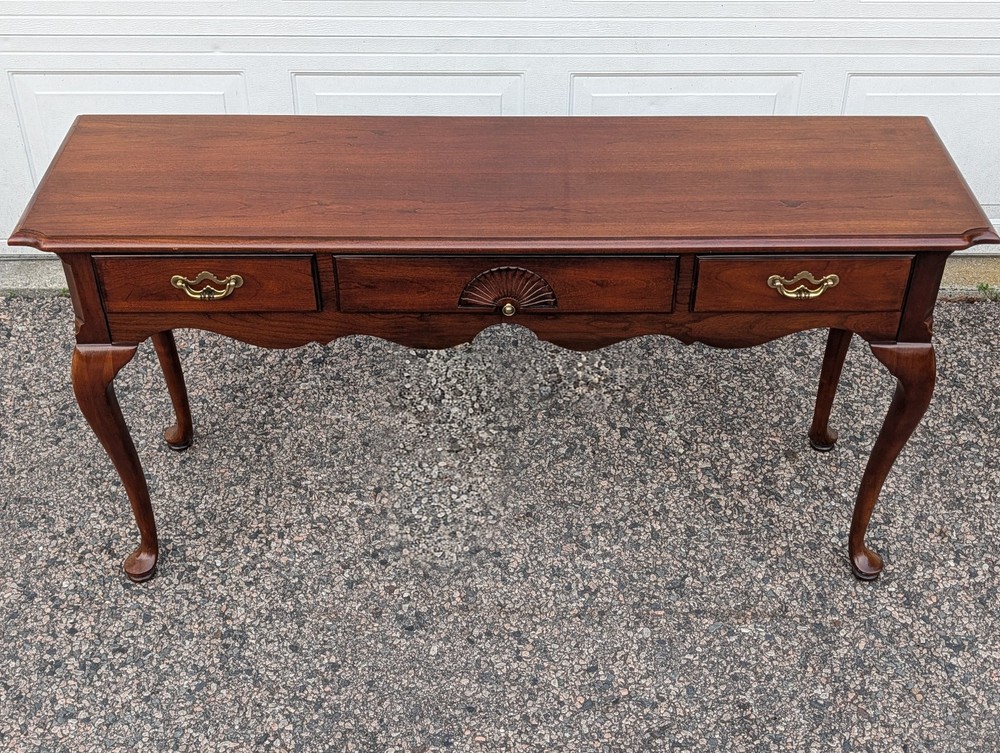 Vtg Thomasville Queen Anne Cherry Console Table, Brass Chippendale Pulls