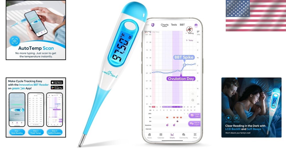 Precision Ovulation Thermometer with Waterproof Probe - Easy Scan & Record, Blue