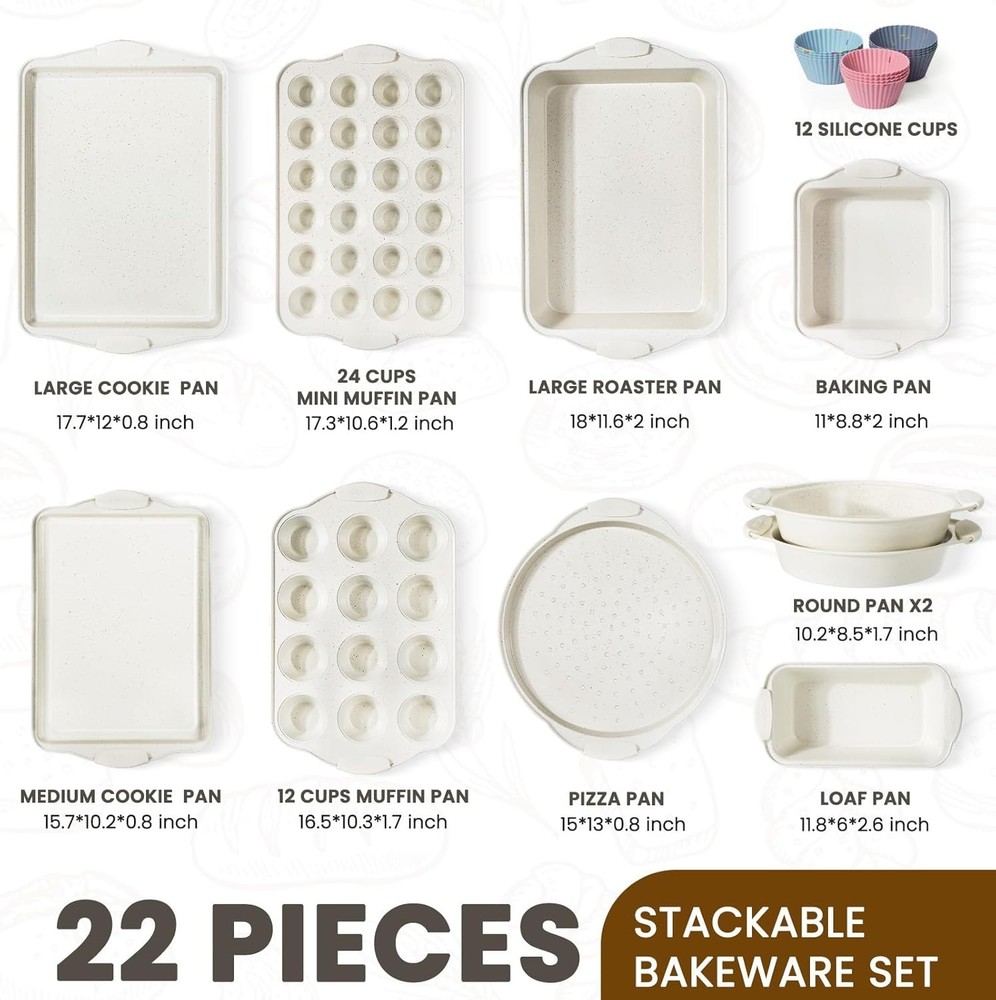 22 PCS Nonstick Baking Pans Set, Stackable Bakeware Sets with Silicone Handle...