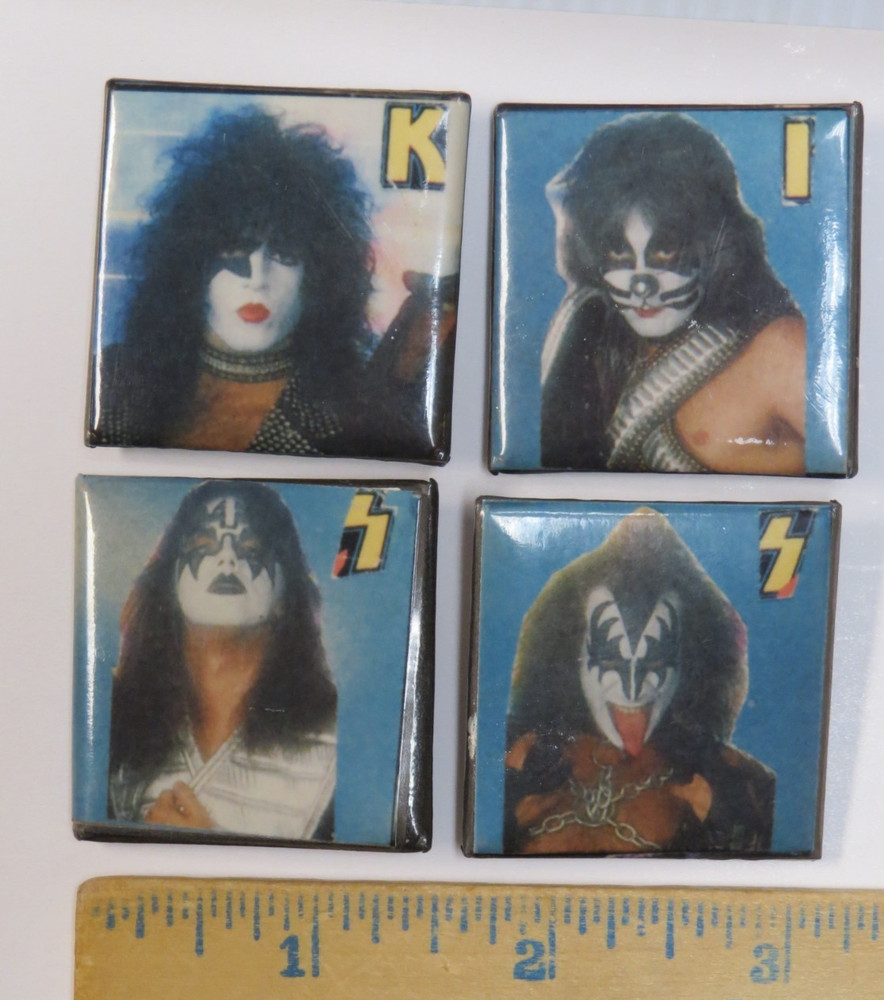 KISS VINTAGE 1980's SQUARE BUTTONS FROM CANADA - LOT OF 4 GROUP SET #3