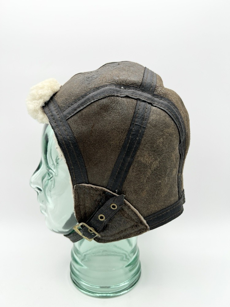 Vintage Shearling Leather Aviator Hat Flight Cap Brown Large Bomber