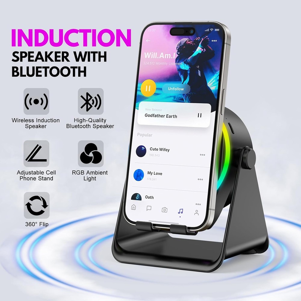 Wireless Induction Speaker, Multi-Functional Bluetooth Speaker with RGB Light