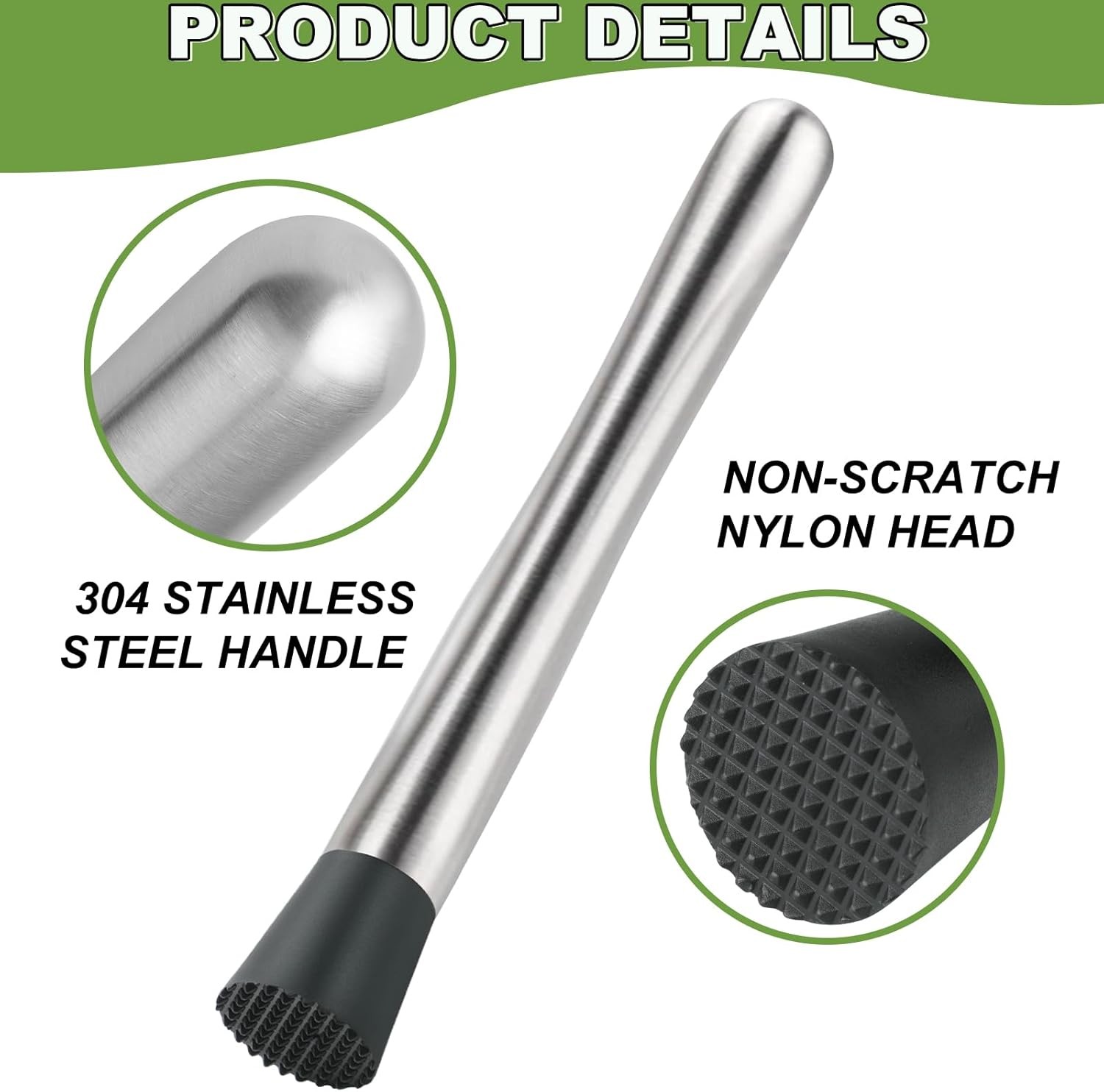 2Pcs 10'' Muddler and Spoon Set for Cocktails 304 Stainless Muddler+spoon