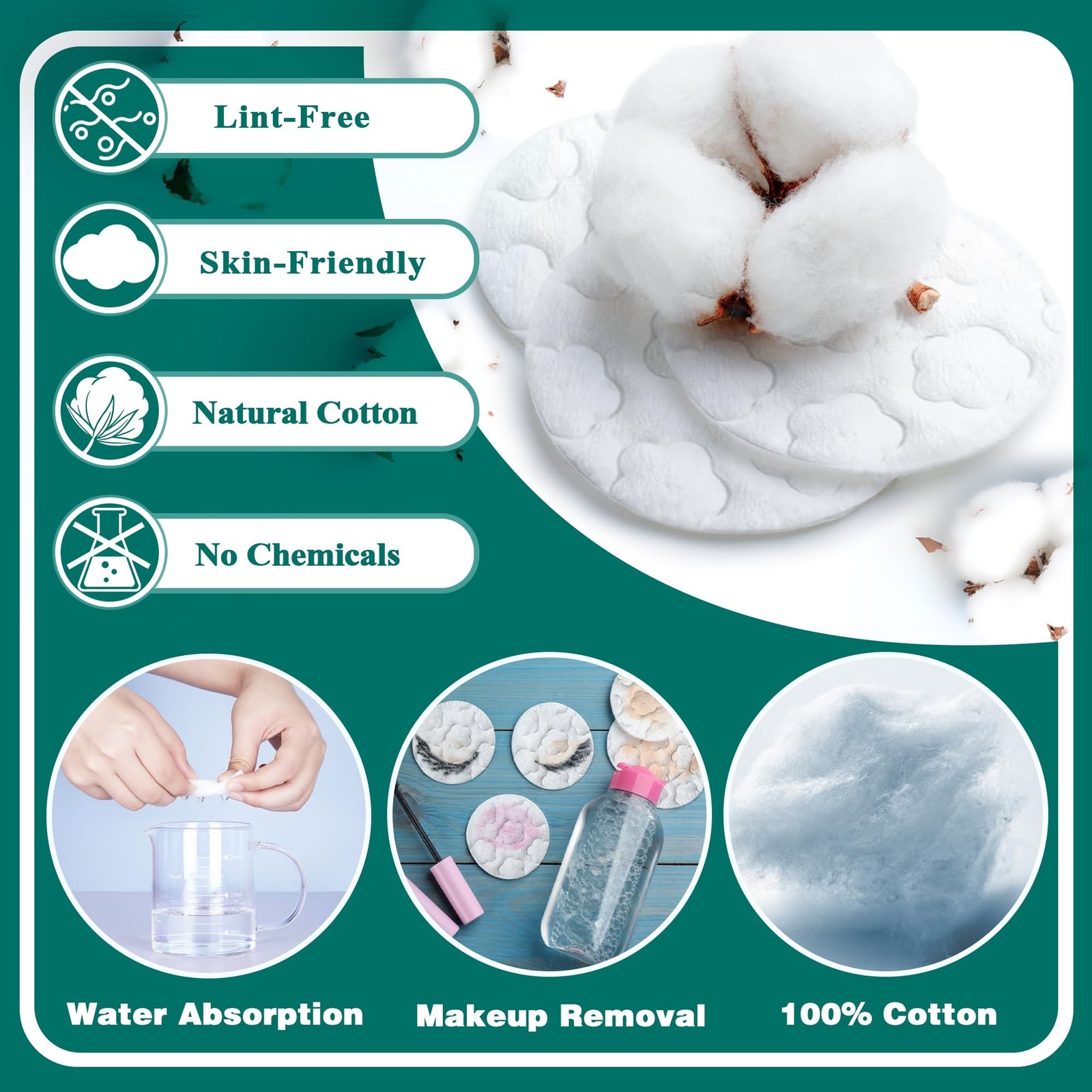 Premium Cotton Rounds for Face, 300 Count Makeup Remover Pads,100% Pure & Nat...
