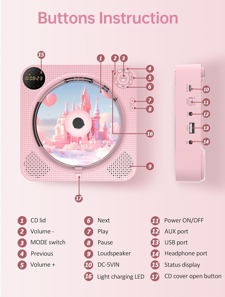 Portable CD Player with Bluetooth CD Player for Home, Rechargeable Small CD P...