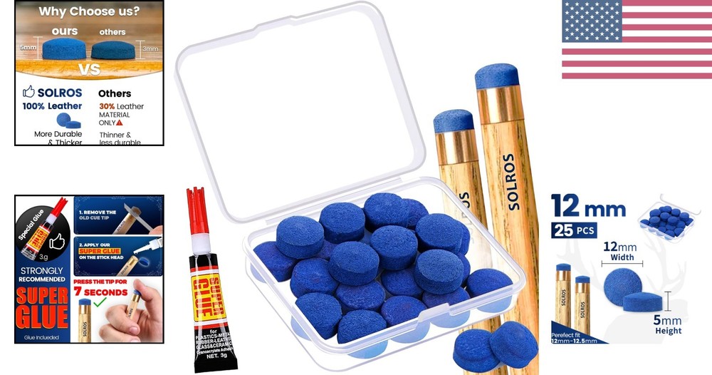 12mm Leather Pool Cue Tips Replacement Kit with Storage Box & Glue