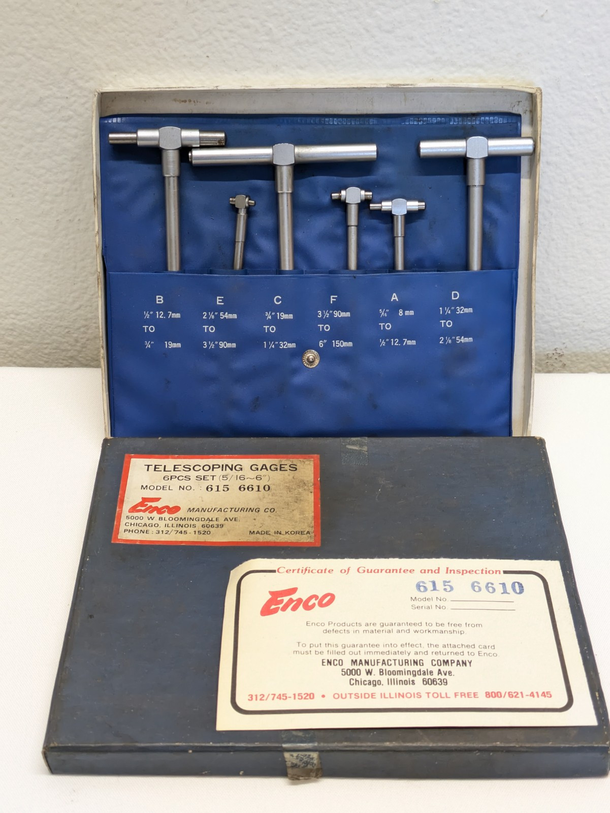 Machinist 615 6610 Enco 6 Piece Telescoping Gage Gauge Set A thru F 5/16" to 6"