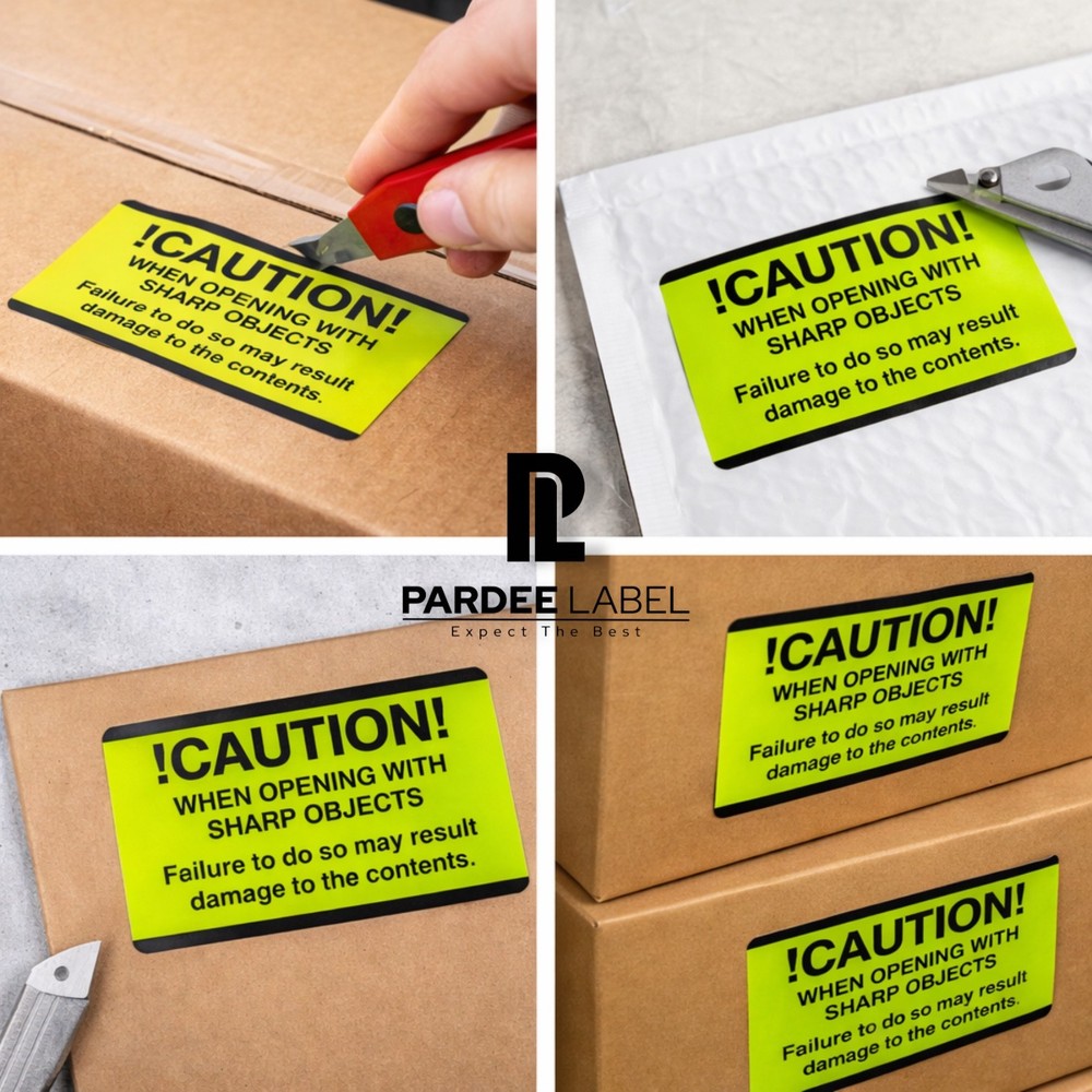 Caution Sharp Objects Stickers 2x4 Neon – 200 Safety Labels Roll
