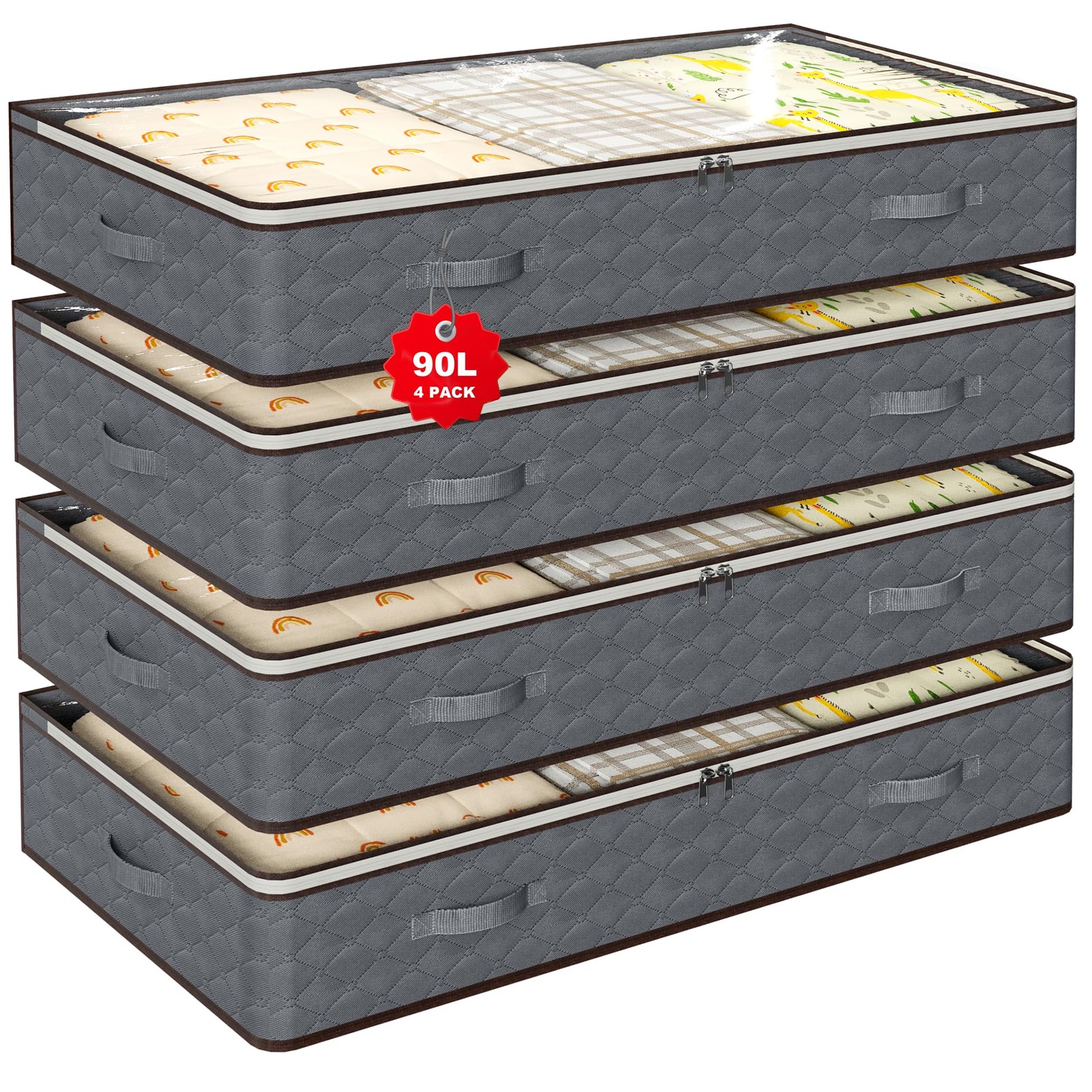 90L Under Bed Storage Bins, 4-Pack Transparent Organizers with Lids, Grey