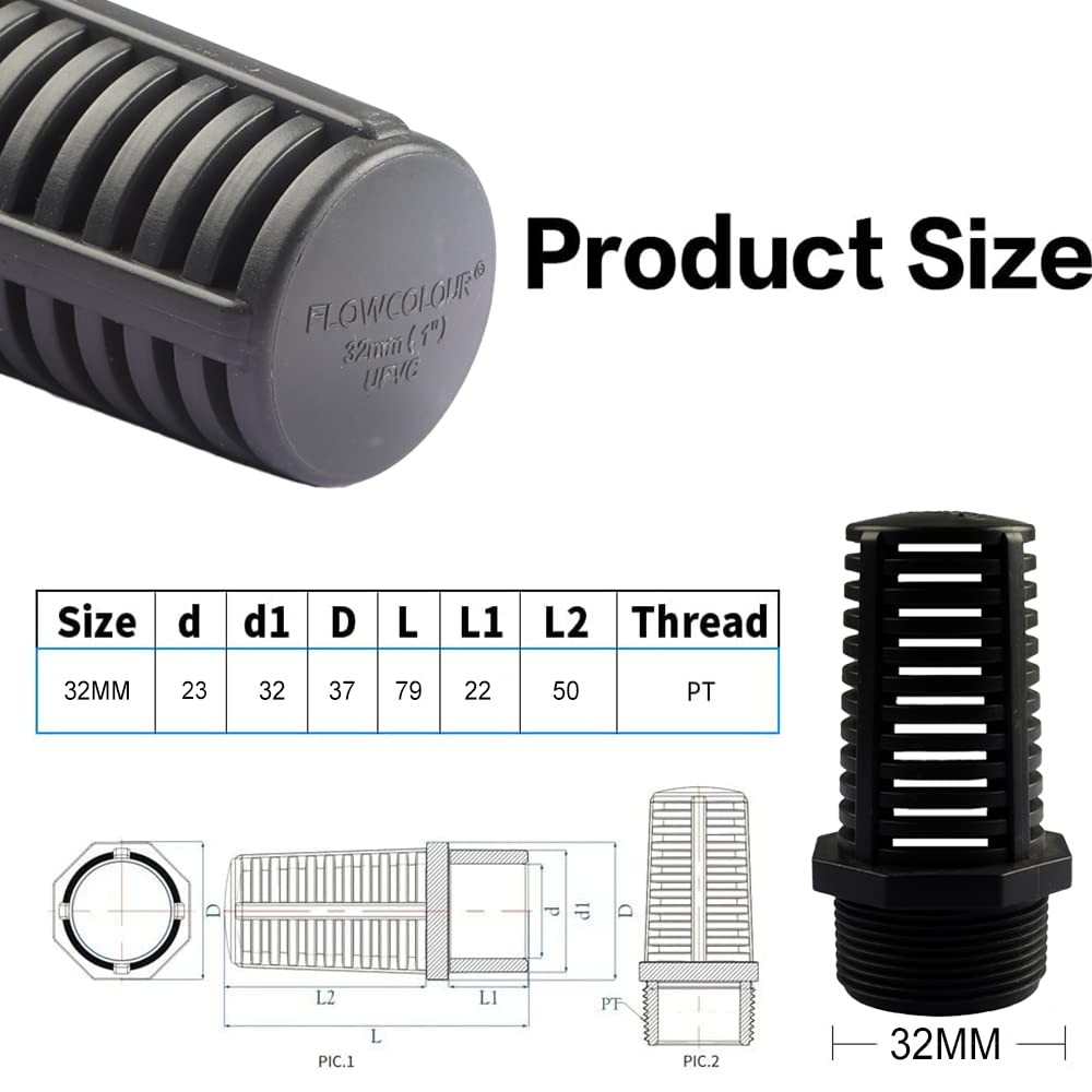 1 Inch Threaded Suction/Overflow Strainer, Screen Strainer 1 1", Black