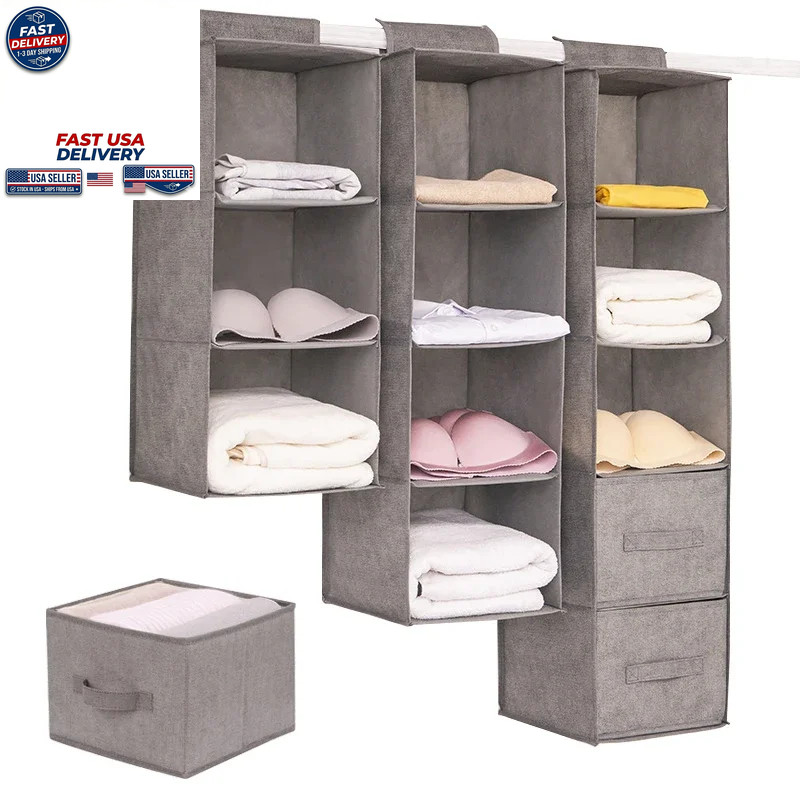 Hanging Wardrobe Storage Bag Drawer Type Collapsible Multi-Layer Organizer Beige