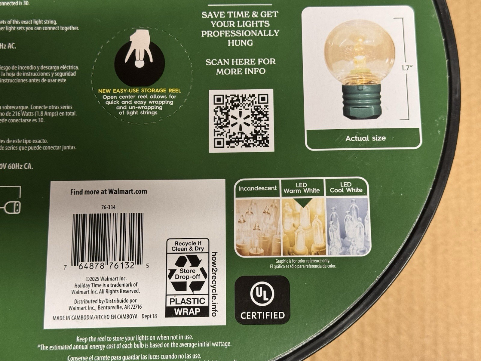 NEW 2025! HOLIDAY TIME 100 WARM WHITE LED Super Bright G30 Lights GRN Wire 58.1'