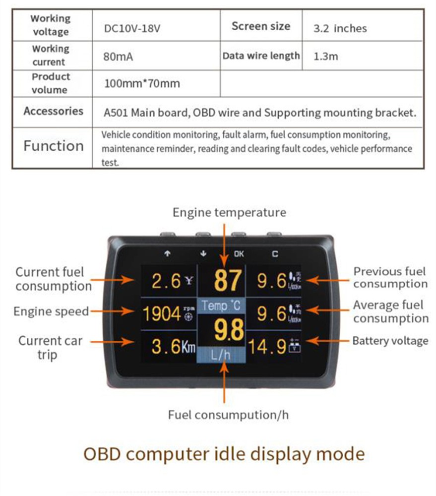 Car OBD OBD2 HUD Digital Meter Speedometer Engine Fault Code Alarm Display A501C