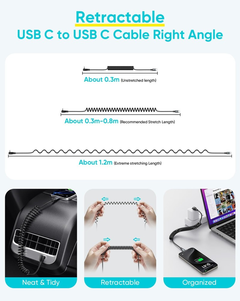SUNGUY Right Angle Coiled USB C Cable 4FT [Recommended Stretch 4FT, Grey