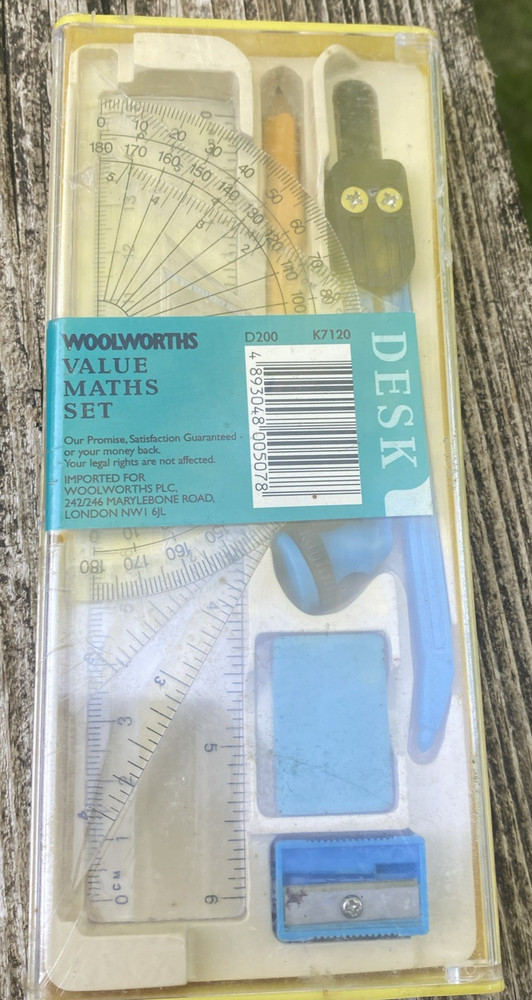 Woolworths Vintage Student Math set Ruler Compass Protractor Eraser  Sealed