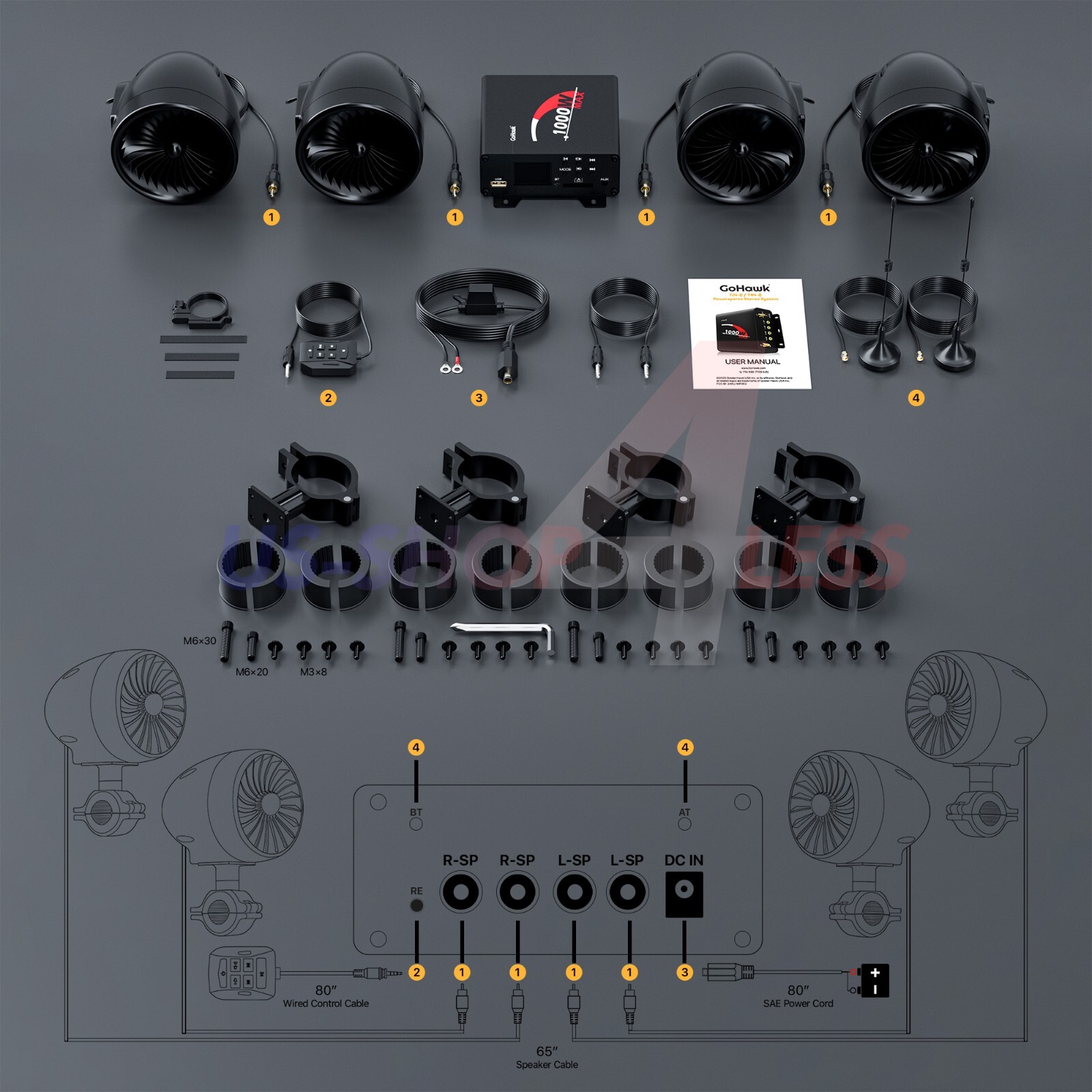 1000W Bluetooth Motorcycle Stereo 4 Speakers Audio MP3 System AUX USB FM Radio