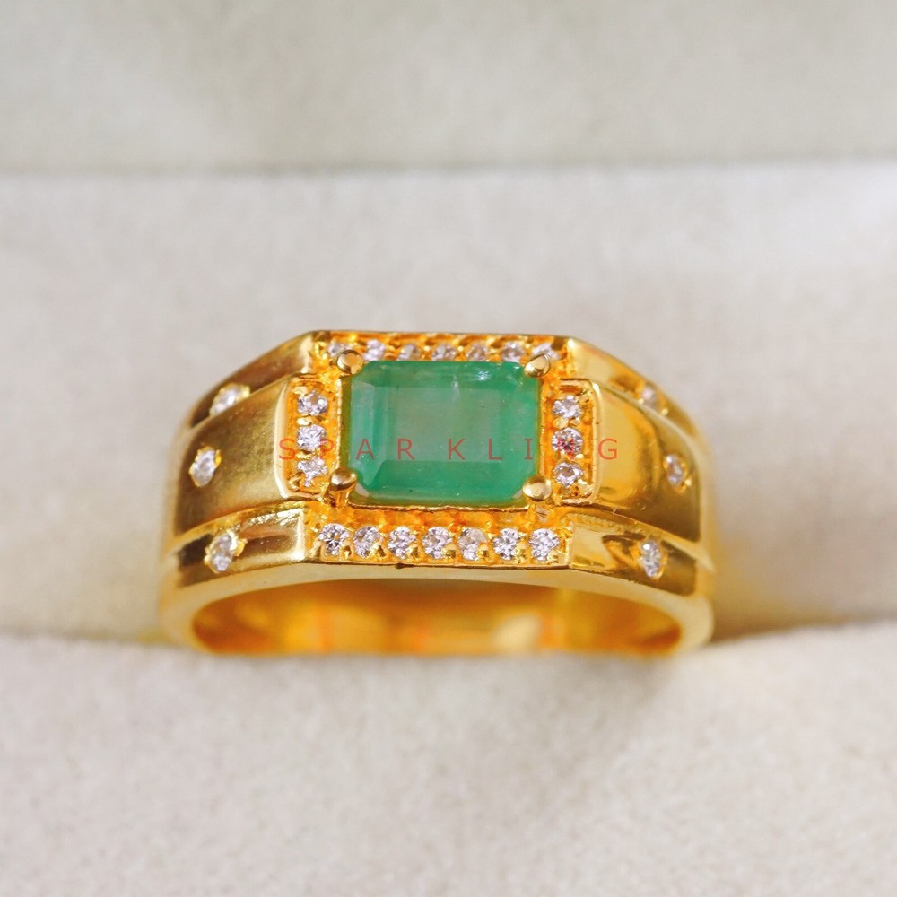 Emerald Octagon Cut With 14K Solid   Gold  Ring For Men's #E508