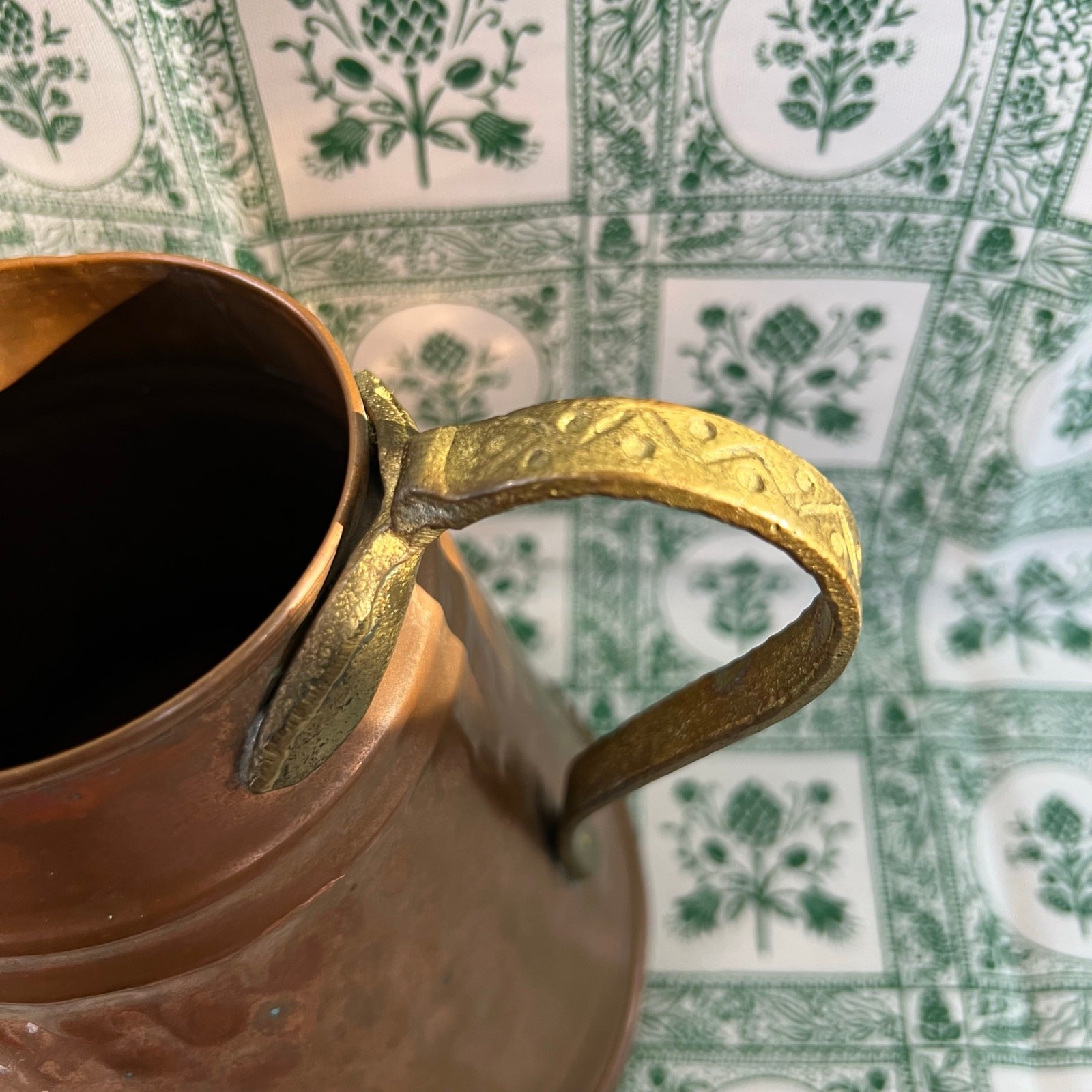 Vintage 1950s Hammered Copper Pitcher Jug Brass Handle Rustic Kitchen Decor