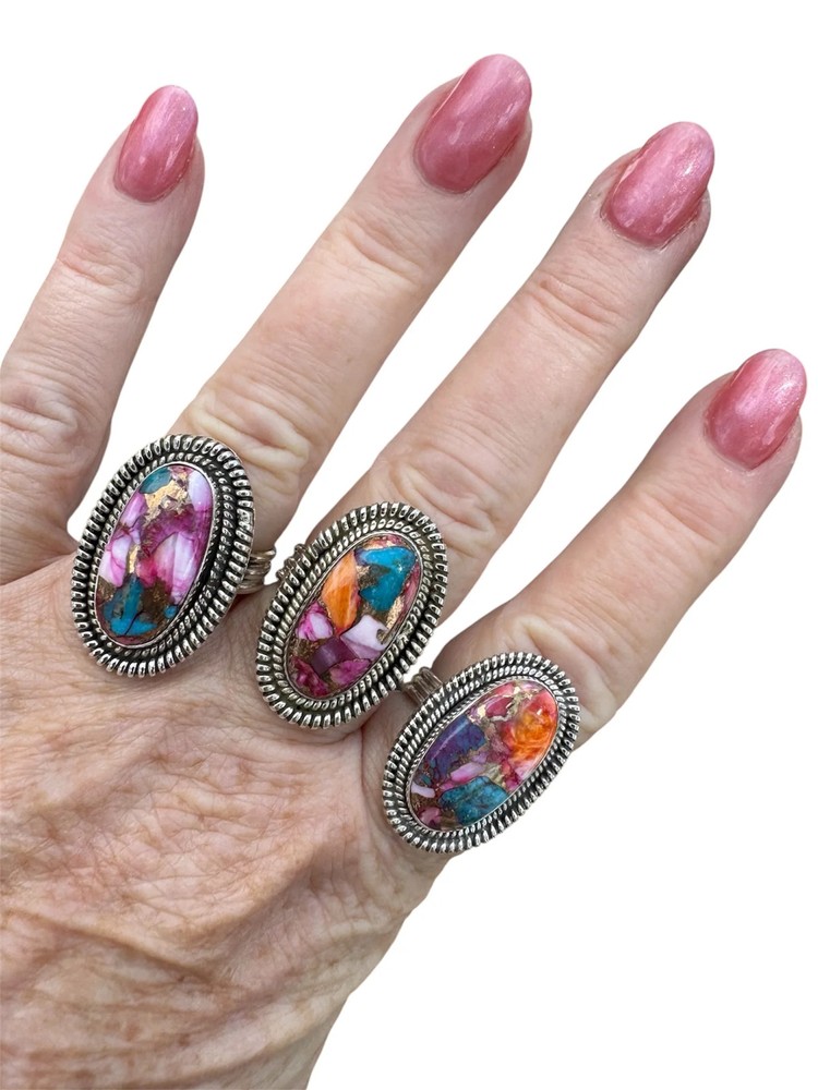 Kingman Pink Dahlia Turquoise Solid 925 Sterling Silver Ring – Size 9