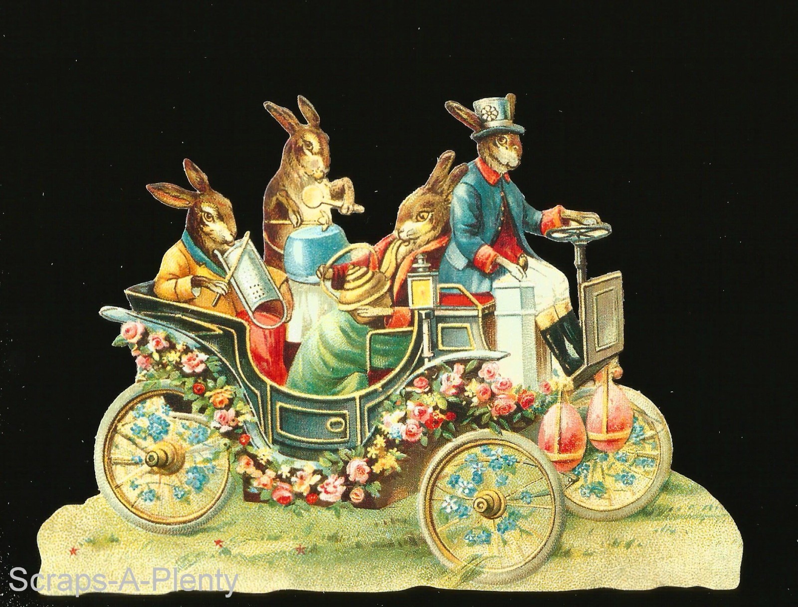 German Vintage Style Scrap Die Cut- Large  Easter Bunny & Car  BK5112
